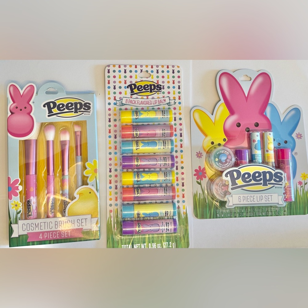 PEEP lot of 4 piece cosmetic brush set,8pack flavored lip balms& 6 piece lip set